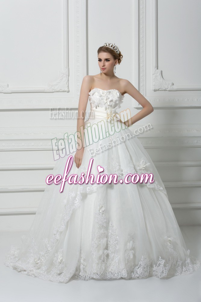 Exquisite Tulle Strapless Sleeveless Brush Train Lace Up Lace and Appliques and Hand Made Flower Bridal Gown in White
