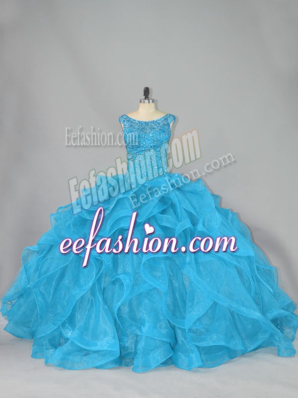  Aqua Blue Ball Gowns Beading and Ruffles 15 Quinceanera Dress Lace Up Organza Sleeveless