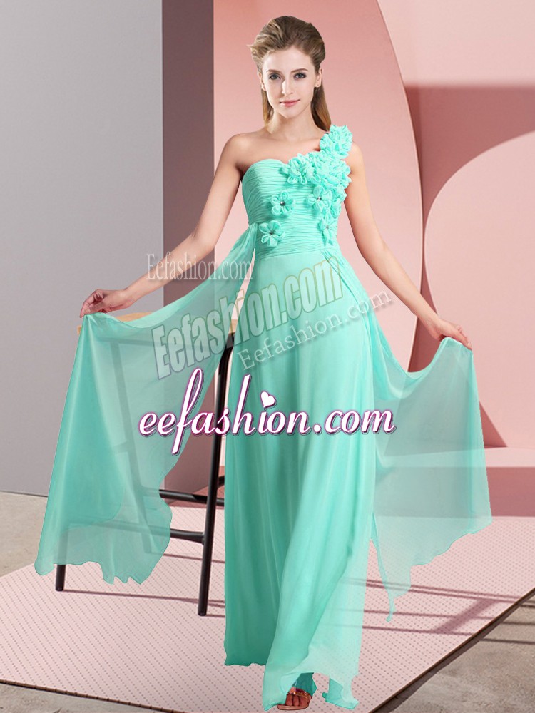  Apple Green Quinceanera Court Dresses Wedding Party with Hand Made Flower One Shoulder Sleeveless Lace Up