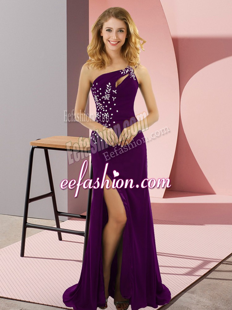Simple Purple Column/Sheath One Shoulder Sleeveless Elastic Woven Satin Sweep Train Lace Up Beading Evening Dress