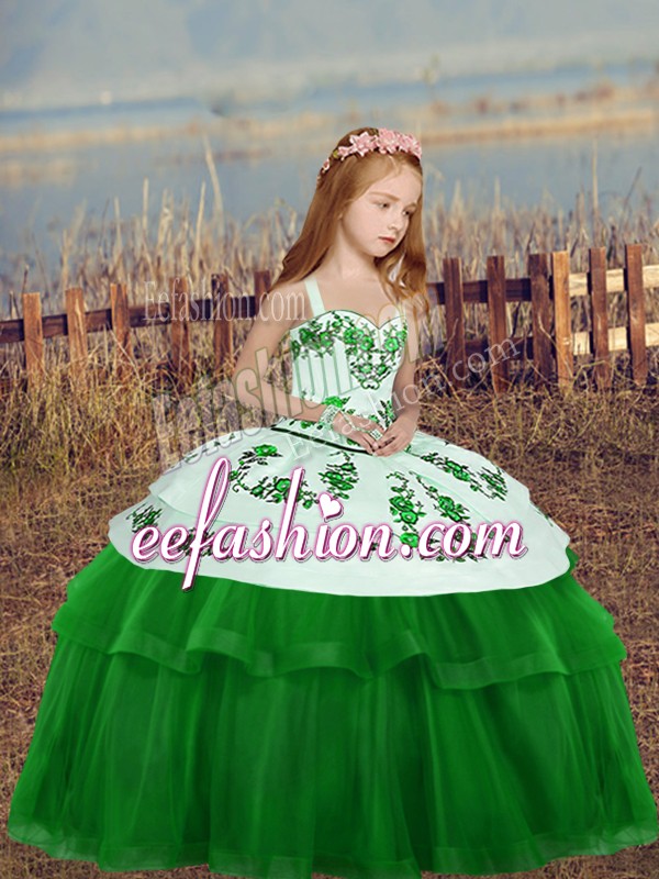  Embroidery Glitz Pageant Dress Green Zipper Sleeveless Floor Length