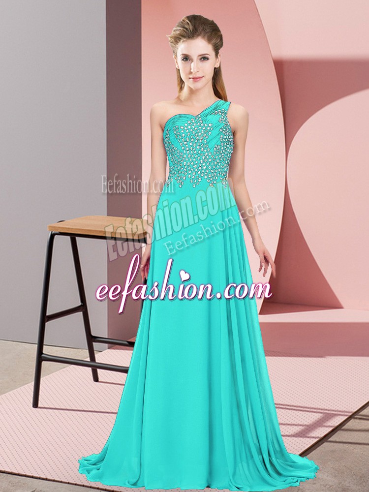  Aqua Blue Chiffon Side Zipper One Shoulder Sleeveless Floor Length Prom Party Dress Beading