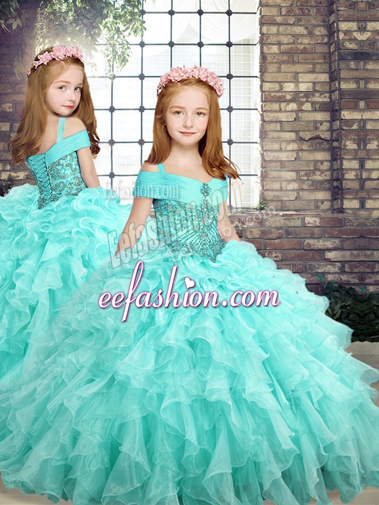  Sleeveless Floor Length Beading and Ruffles Lace Up Little Girls Pageant Dress with Aqua Blue