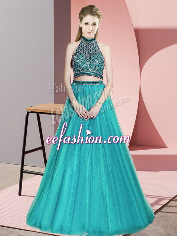  Teal Two Pieces Beading Prom Dress Backless Tulle Sleeveless Floor Length