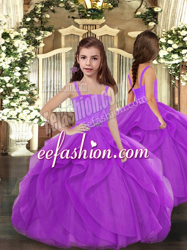  Floor Length Ball Gowns Sleeveless Purple Kids Pageant Dress Lace Up