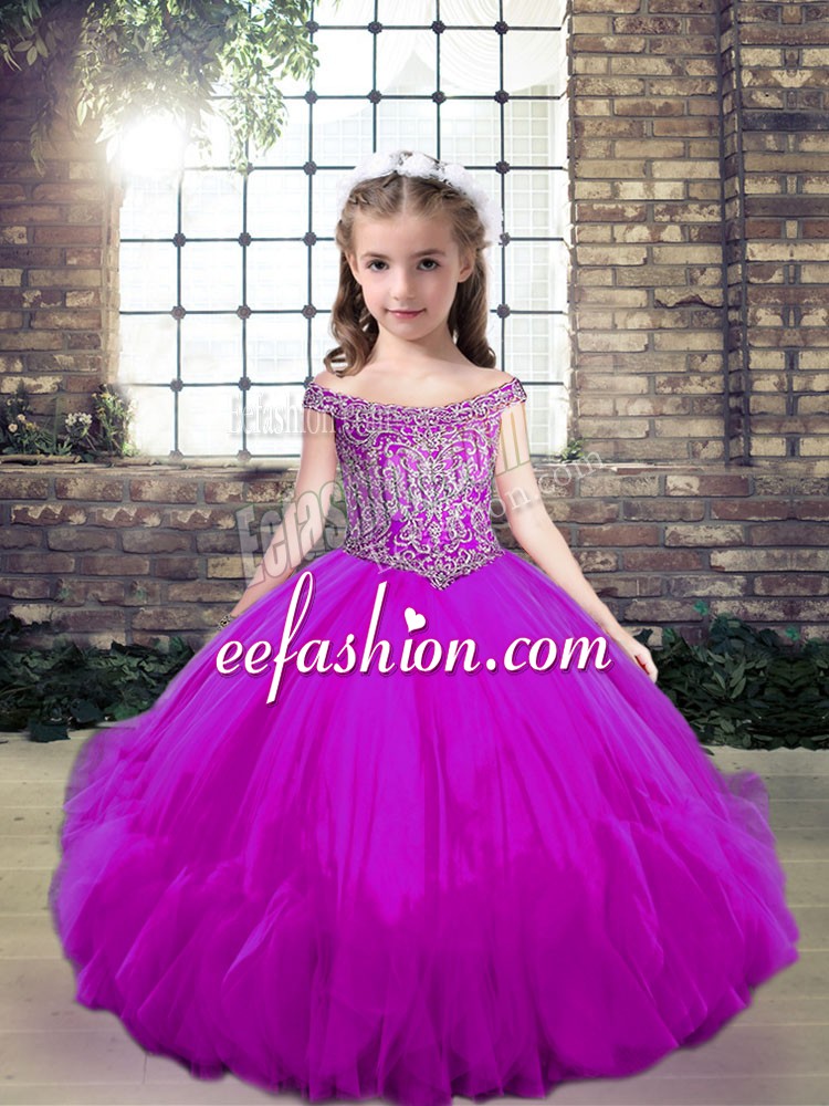 Wonderful Sleeveless Floor Length Beading Lace Up Pageant Dress for Teens with Fuchsia
