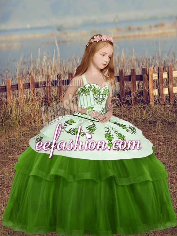  Embroidery Little Girl Pageant Dress Green Lace Up Sleeveless Floor Length