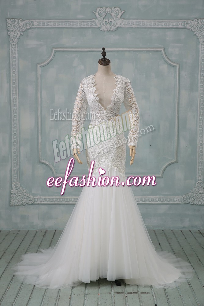 Free and Easy Brush Train Mermaid Wedding Dress White V-neck Tulle Long Sleeves Backless