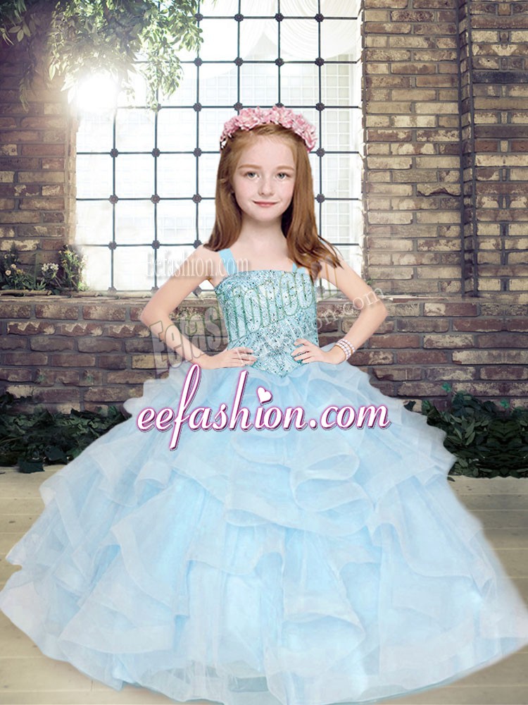 Sweet Floor Length Lace Up Little Girls Pageant Dress Wholesale Light Blue for Party and Military Ball and Wedding Party with Beading and Ruffles