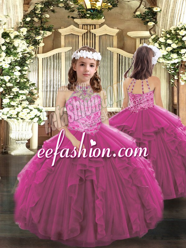Best Fuchsia Sleeveless Tulle Lace Up Kids Formal Wear for Military Ball and Wedding Party