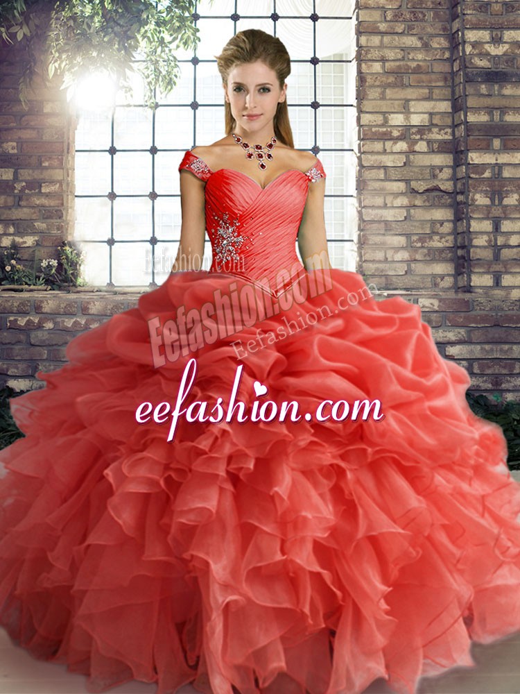 Deluxe Orange Red Quinceanera Gown Military Ball and Sweet 16 and Quinceanera with Beading and Ruffles and Pick Ups Off The Shoulder Sleeveless Lace Up