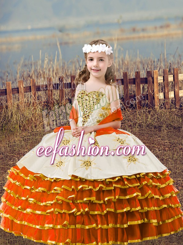  Straps Sleeveless Organza Kids Formal Wear Beading and Embroidery and Ruffled Layers Lace Up