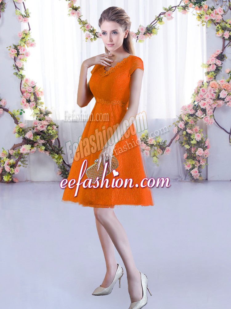  Mini Length Orange Red Dama Dress for Quinceanera Lace Cap Sleeves Lace