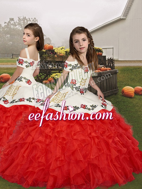  Red Sleeveless Organza Lace Up Kids Pageant Dress for Party and Military Ball and Wedding Party