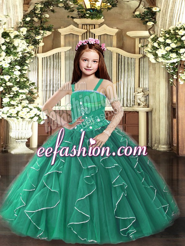 Fantastic Floor Length Lace Up Pageant Dress Dark Green for Party and Sweet 16 and Wedding Party with Beading and Ruffles