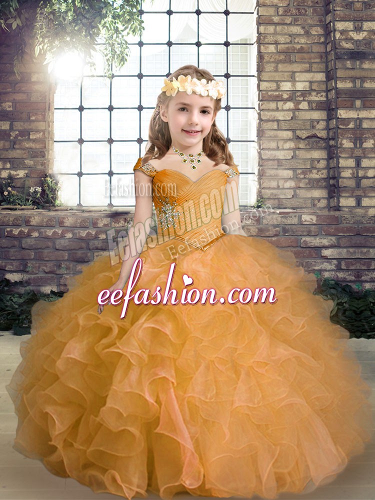  Floor Length Ball Gowns Sleeveless Orange Kids Formal Wear Lace Up