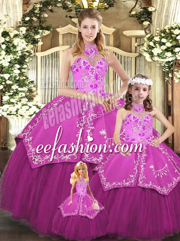 Top Selling Sleeveless Floor Length Embroidery Lace Up 15th Birthday Dress with Fuchsia