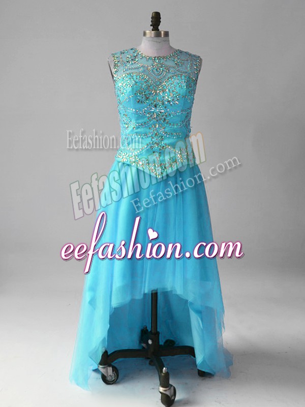Fine High Low Aqua Blue Dress for Prom Tulle Sleeveless Beading