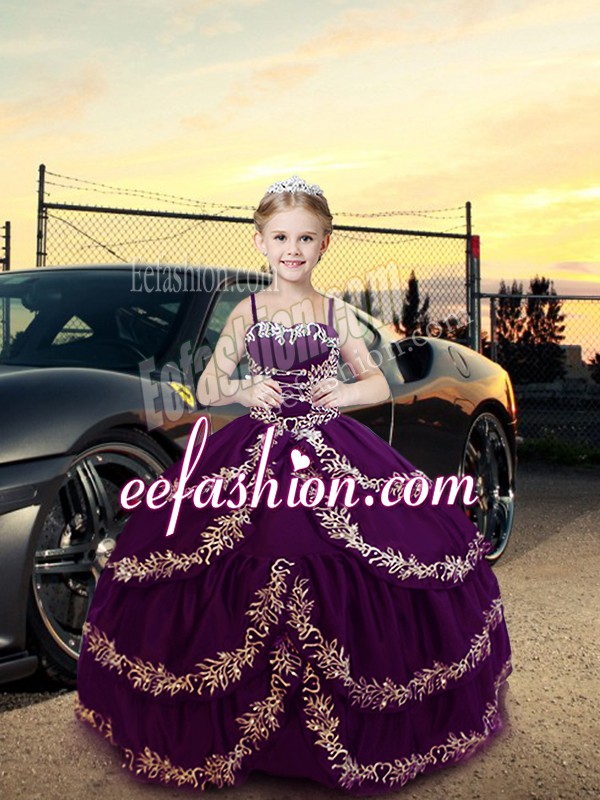  Purple Ball Gowns Satin Straps Sleeveless Embroidery Floor Length Lace Up Evening Gowns