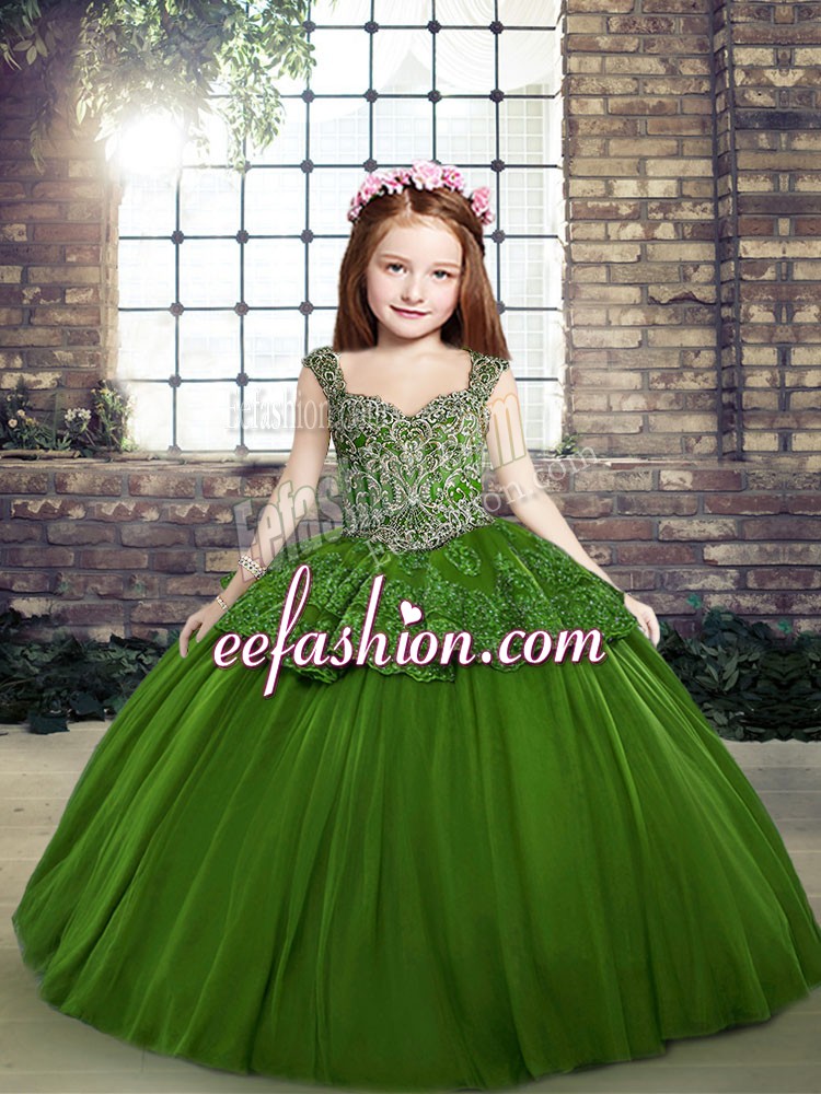 Custom Designed Green Ball Gowns Beading Pageant Dresses Lace Up Tulle Sleeveless Floor Length