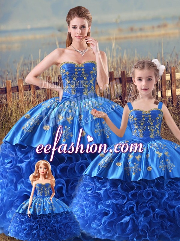 Superior Royal Blue Satin and Fabric With Rolling Flowers Zipper Sweet 16 Dresses Sleeveless Brush Train Embroidery and Ruffles