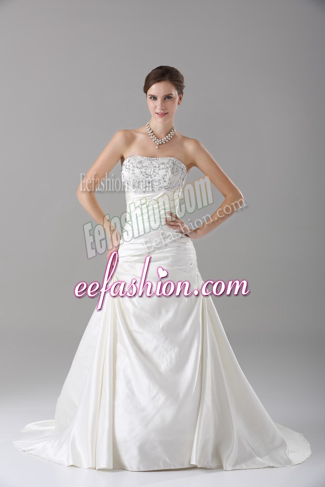 Pretty Brush Train A-line Bridal Gown White Strapless Satin Sleeveless Lace Up
