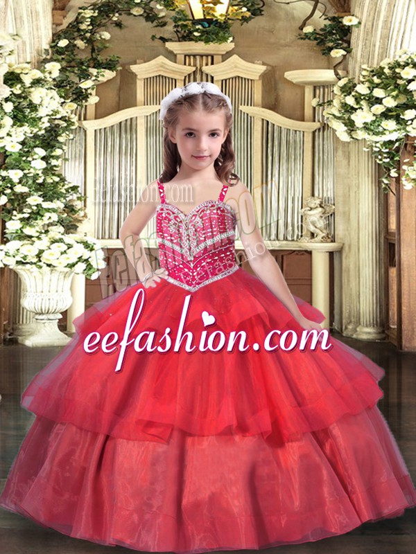 Most Popular Sleeveless Lace Up Floor Length Beading and Ruffled Layers Little Girl Pageant Dress