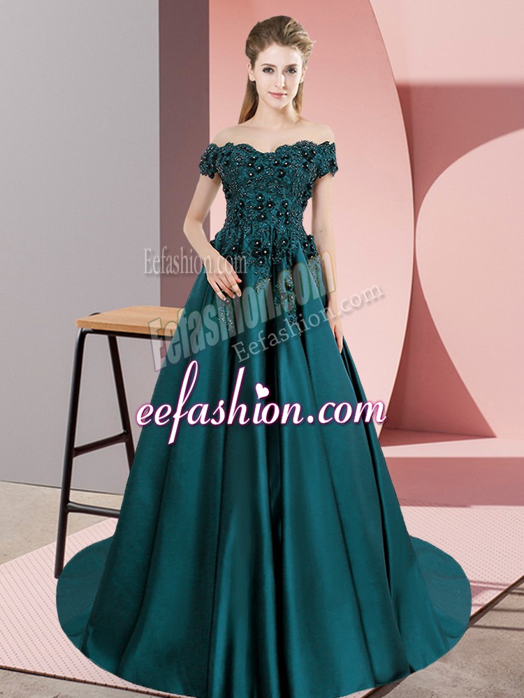  Teal Sleeveless Satin Court Train Zipper 15 Quinceanera Dress for Sweet 16 and Quinceanera
