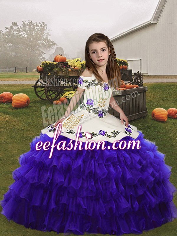 Gorgeous Floor Length Purple Girls Pageant Dresses Straps Sleeveless Lace Up