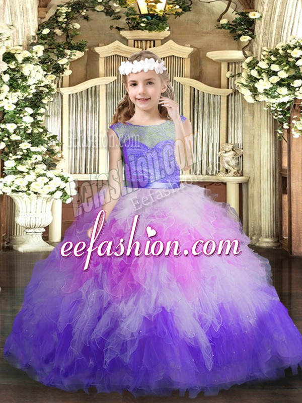 Perfect V-neck Sleeveless Pageant Gowns For Girls Floor Length Lace and Ruffles Multi-color Tulle