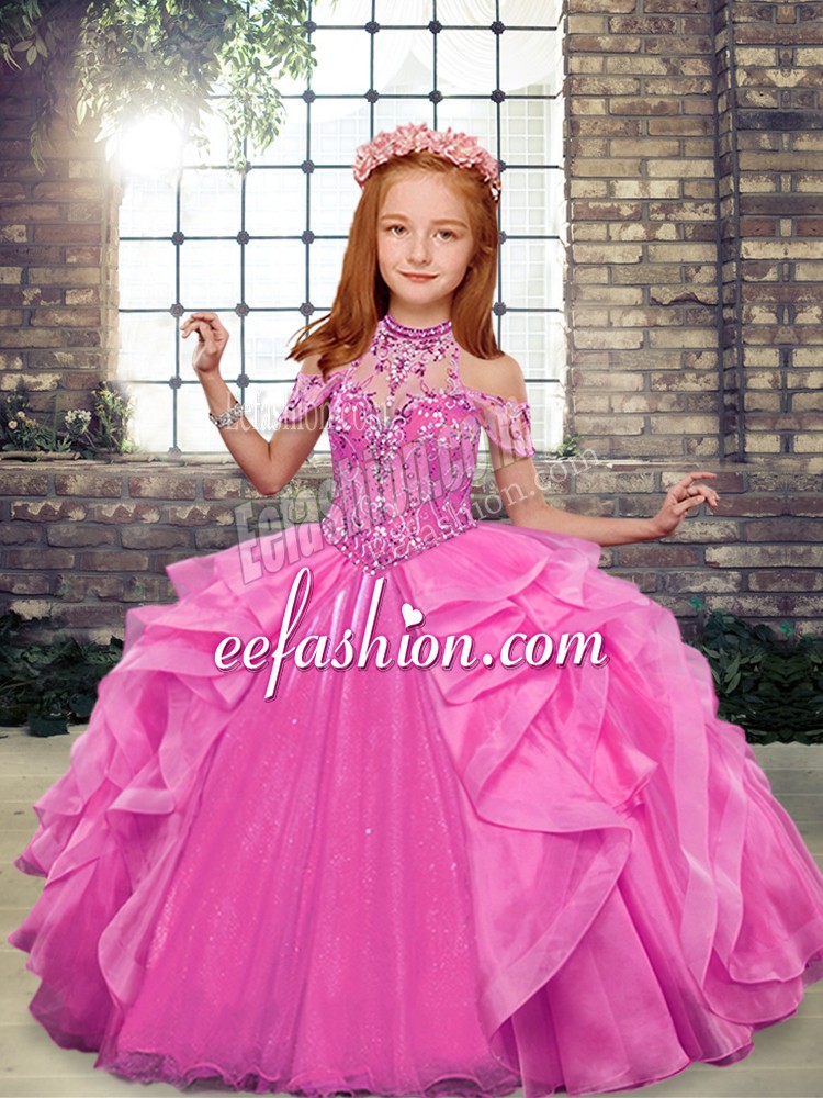  High-neck Sleeveless Lace Up Little Girls Pageant Gowns Rose Pink Organza