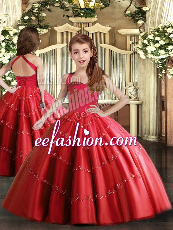 Straps Sleeveless Lace Up Kids Formal Wear Red Tulle