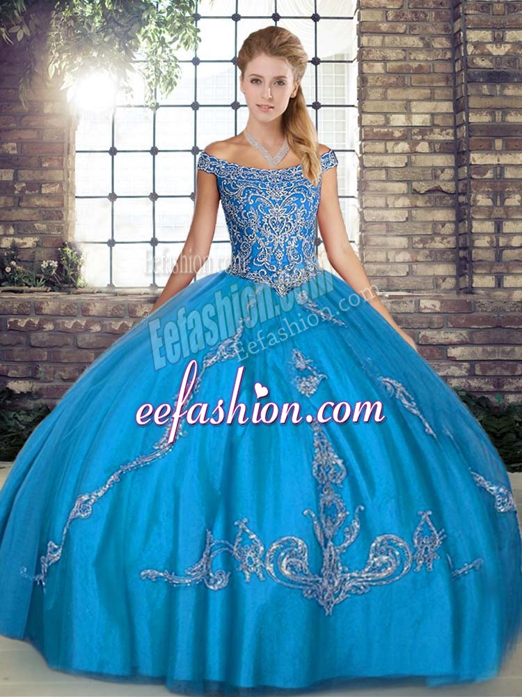  Beading and Embroidery Sweet 16 Dresses Blue Lace Up Sleeveless Floor Length