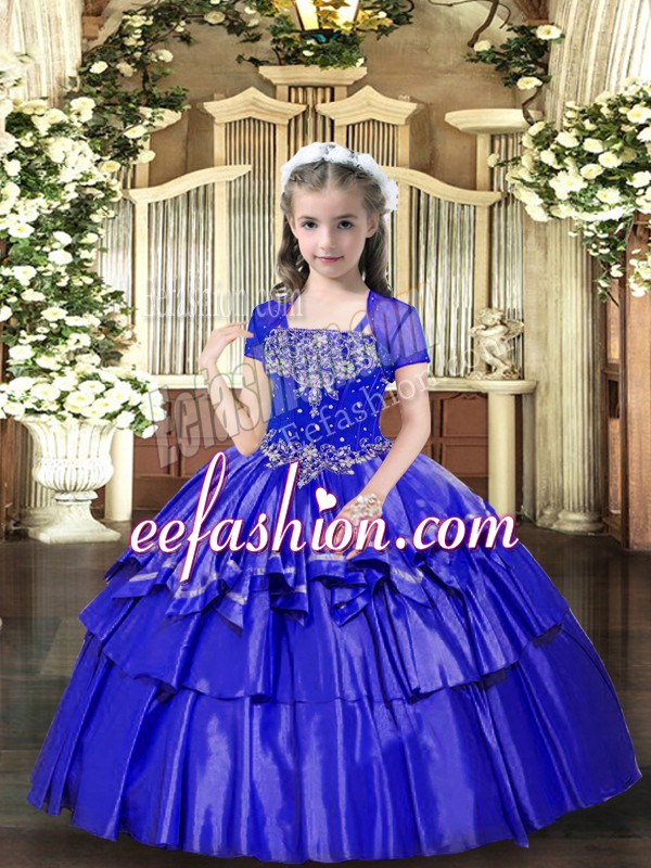  Beading and Ruffled Layers Little Girls Pageant Dress Wholesale Blue Lace Up Sleeveless Floor Length