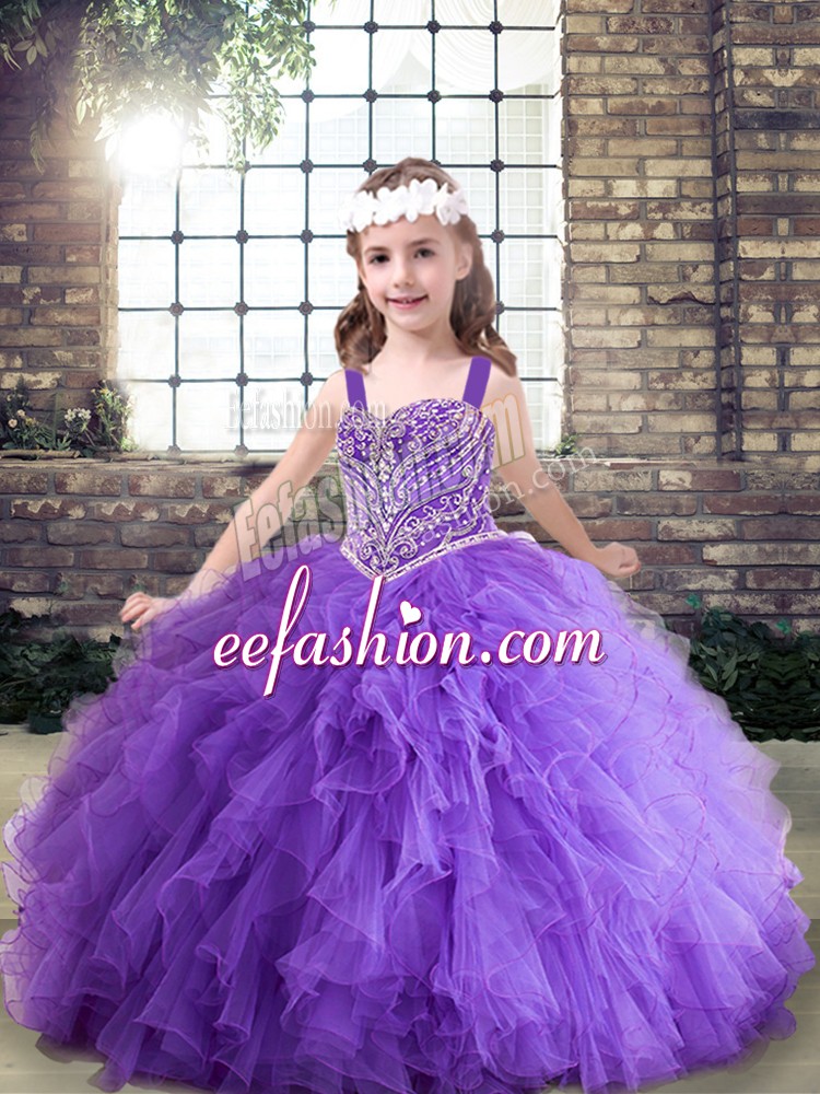  Beading and Ruffles Little Girl Pageant Dress Lavender and Purple Lace Up Sleeveless Floor Length