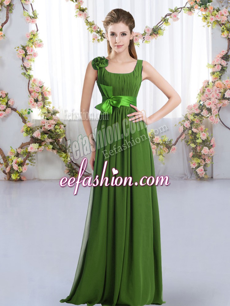 Stunning Sleeveless Floor Length Belt and Hand Made Flower Zipper Vestidos de Damas with Green