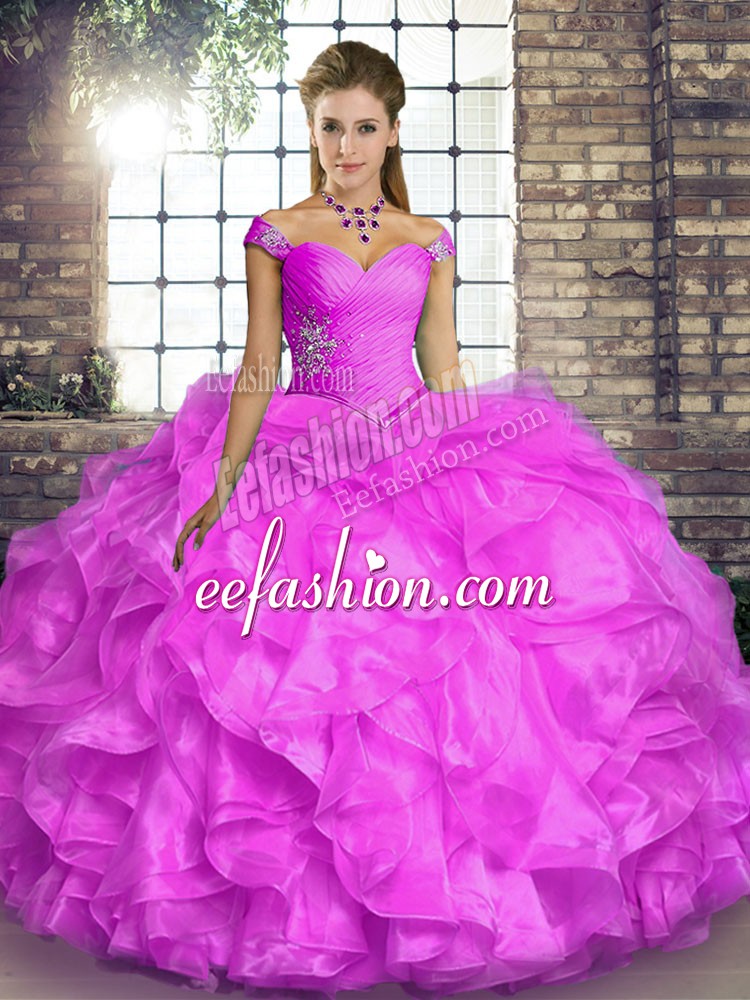 Latest Beading and Ruffles Quinceanera Gowns Lilac Lace Up Sleeveless Floor Length