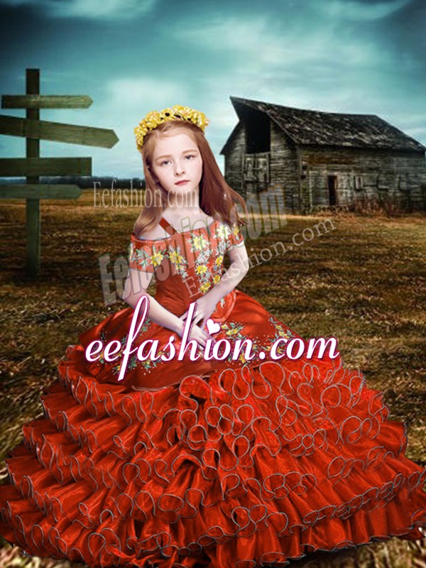  Orange Red Ball Gowns Embroidery and Ruffled Layers Little Girl Pageant Dress Lace Up Organza Short Sleeves Floor Length