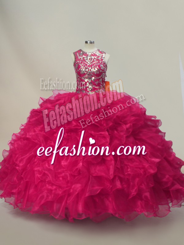 Exceptional Sweetheart Sleeveless Lace Up Quinceanera Gowns Hot Pink Organza