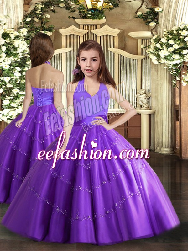 Ball Gowns Little Girls Pageant Dress Wholesale Purple Halter Top Tulle Sleeveless Floor Length Lace Up