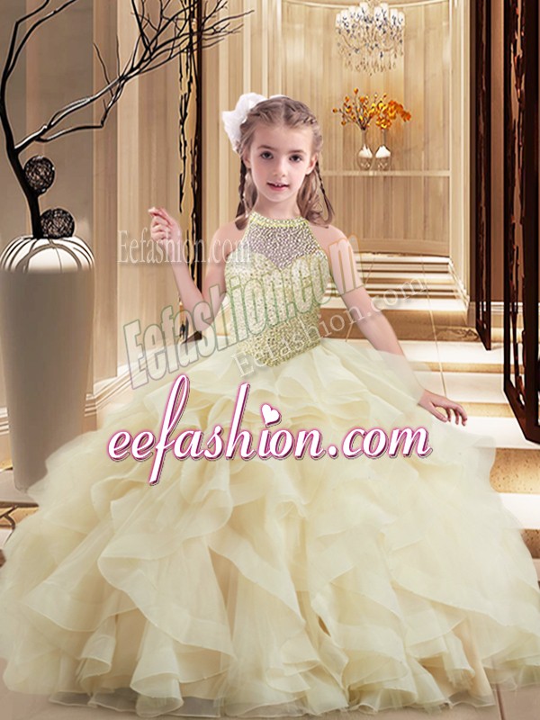 Best Sleeveless Brush Train Beading and Ruffles Lace Up Little Girl Pageant Dress