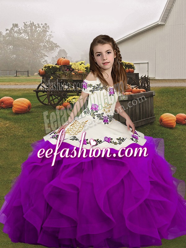  Purple Organza Lace Up Little Girl Pageant Dress Sleeveless Floor Length Embroidery and Ruffles