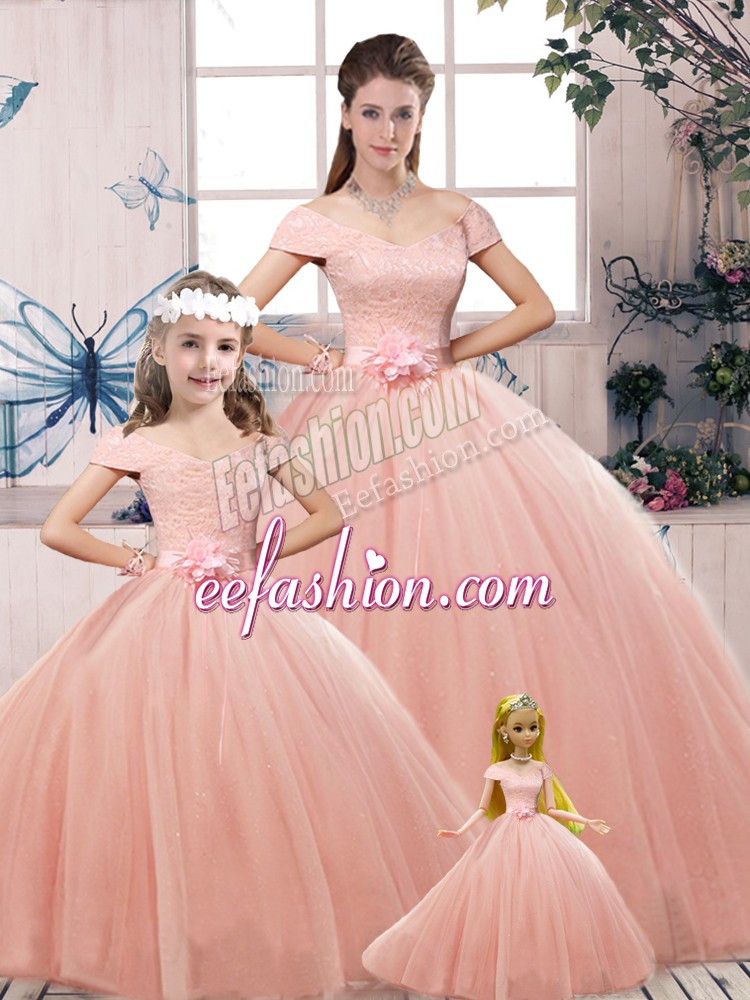 Stunning Floor Length Lace Up Ball Gown Prom Dress Pink for Military Ball and Sweet 16 and Quinceanera with Lace and Hand Made Flower