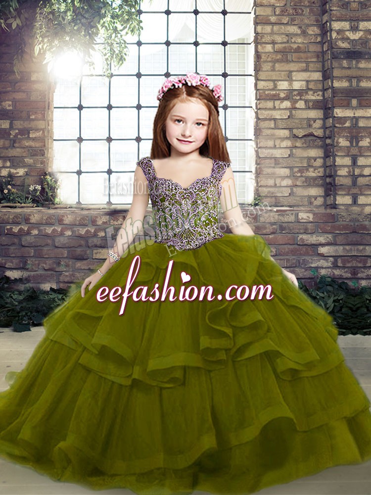 Pretty Floor Length Olive Green Pageant Dress for Teens Straps Sleeveless Lace Up