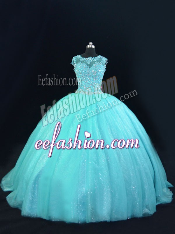  Sleeveless Tulle Floor Length Lace Up 15th Birthday Dress in Aqua Blue with Beading and Lace