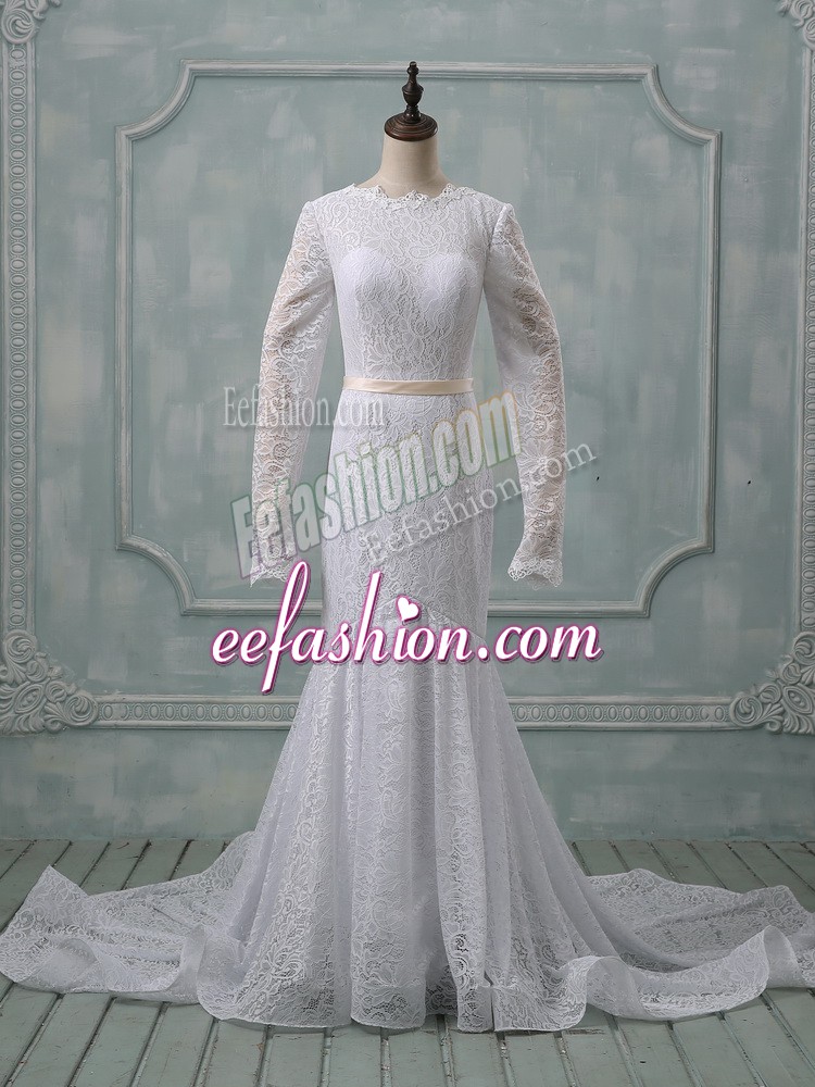 Great White Lace Backless Scoop Long Sleeves Wedding Dresses Court Train Lace and Belt