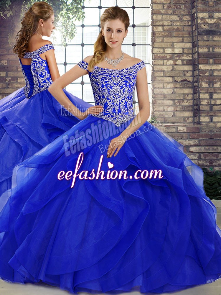 Attractive Royal Blue Lace Up 15 Quinceanera Dress Beading and Ruffles Sleeveless Brush Train