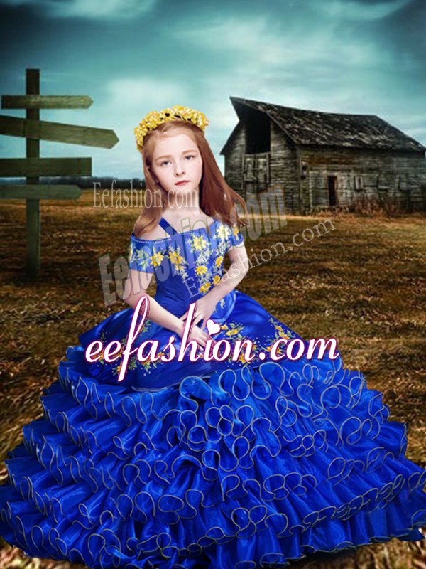  Floor Length Lace Up Little Girls Pageant Dress Wholesale Royal Blue for Wedding Party with Embroidery and Ruffled Layers