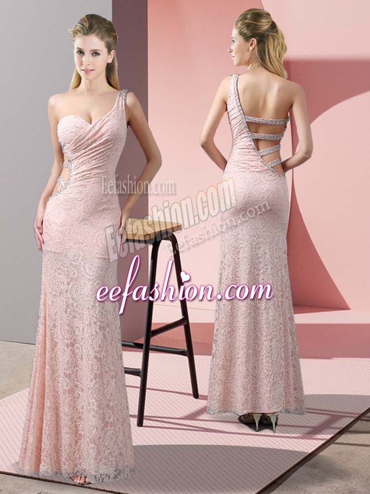  Baby Pink Sleeveless Beading and Lace Floor Length Prom Dresses