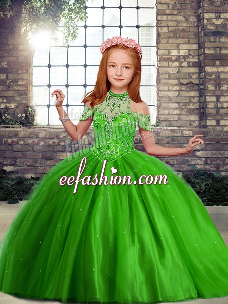 Stylish Green Off The Shoulder Lace Up Beading Pageant Dress Womens Sleeveless
